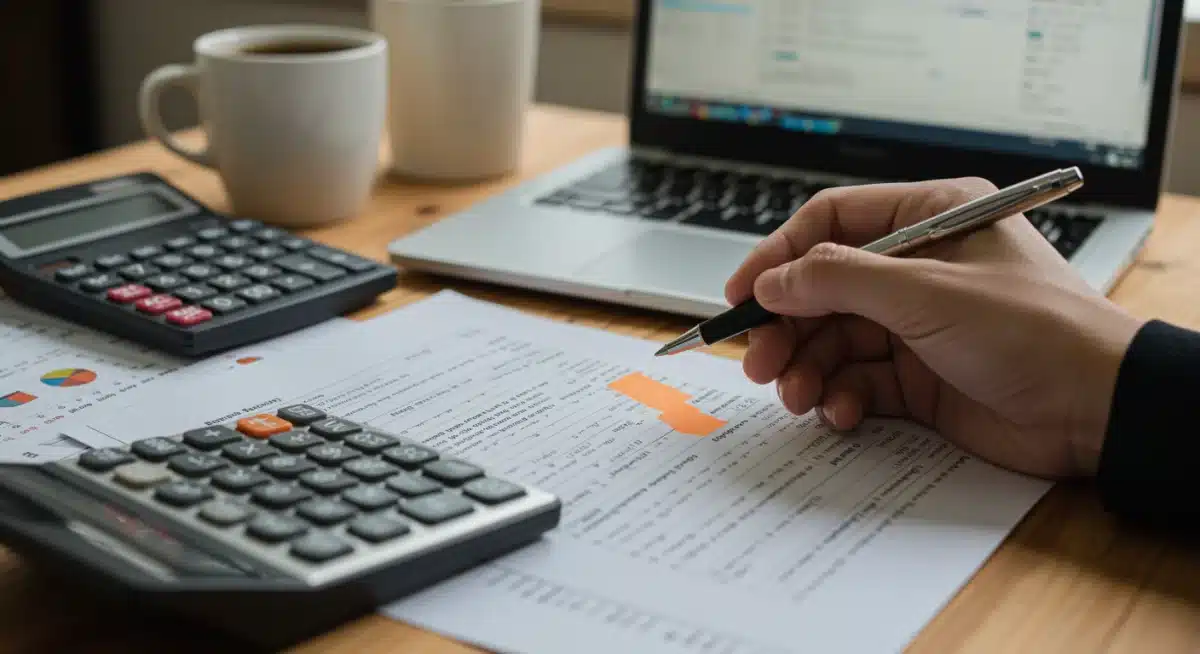 Hand analyzing detailed tax documents and financial statements for 2025 changes.