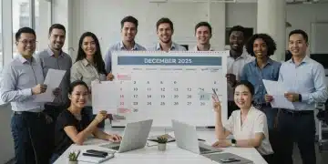 Employees discussing benefits with a calendar showing December 2025 deadline