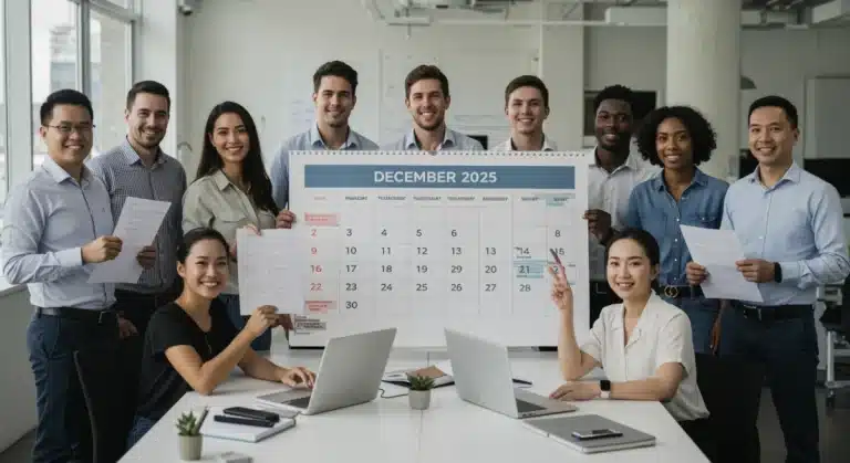 Employees discussing benefits with a calendar showing December 2025 deadline