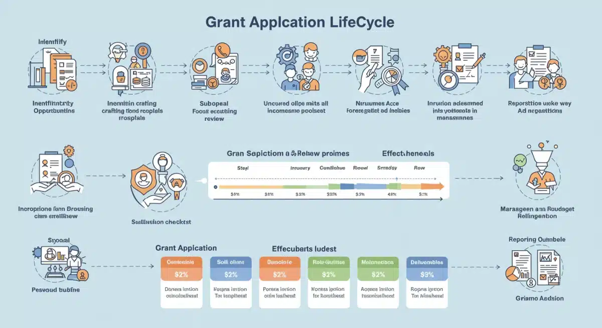 Infographic showing the federal grant application lifecycle and strategic checkpoints