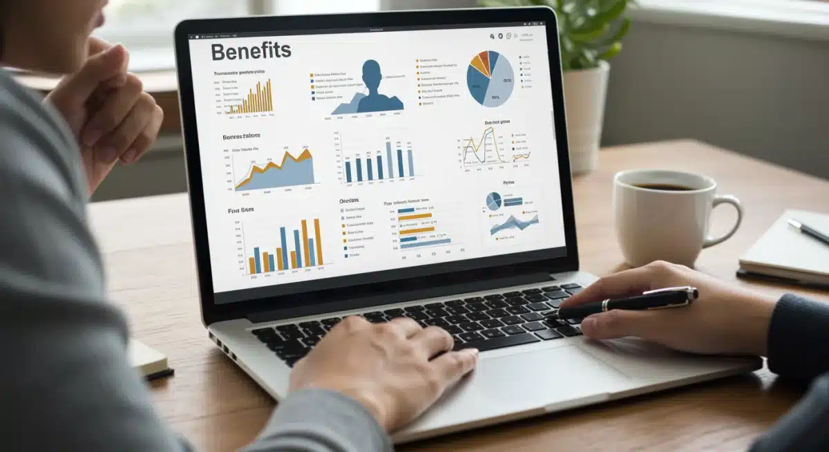 Person researching financial benefits on a laptop