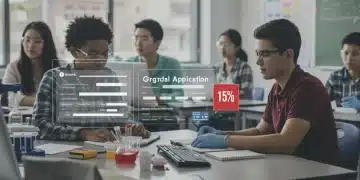 Students engaged in hands-on STEM learning with federal grant applications overlay