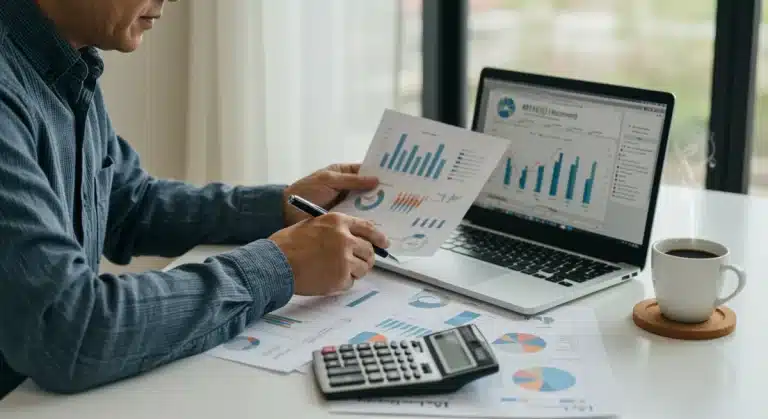 Person analyzing 401k growth charts on a laptop for retirement planning