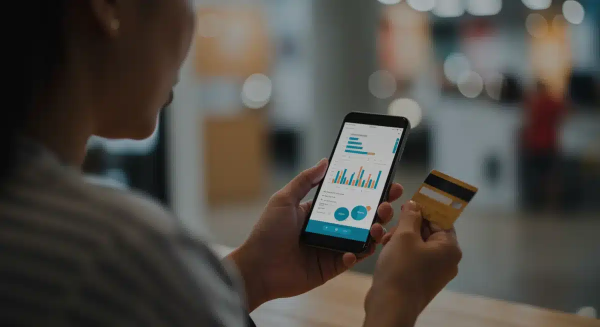 Consumer analyzing personal finances on a smartphone with a credit card
