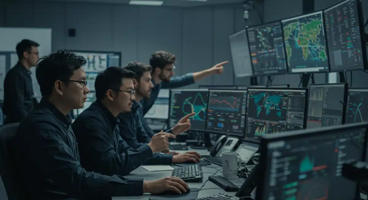 Cybersecurity analysts monitoring threat intelligence in a secure operations center