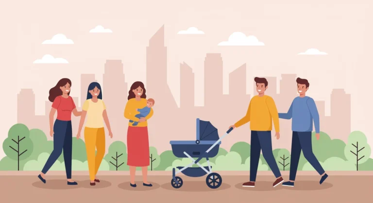 Diverse parents with children enjoying outdoor time, representing modern family support.