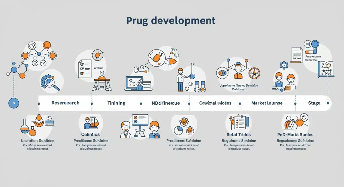 Infographic illustrating the complex drug development and FDA approval process.