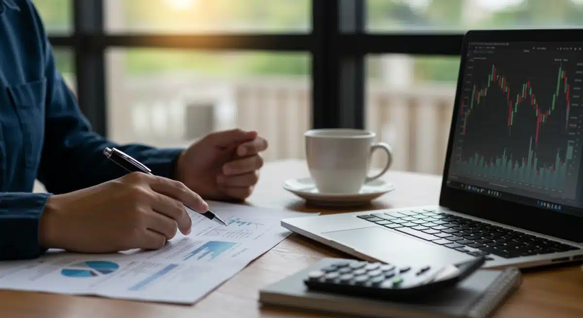Individual analyzing financial statements and investment options for retirement planning on a laptop in a home office.