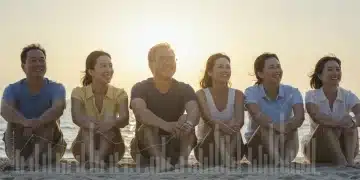 Group of retirees enjoying a peaceful, financially secure future on a beach at sunset, symbolizing successful retirement planning.