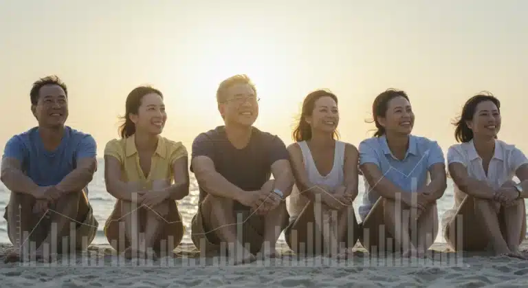 Group of retirees enjoying a peaceful, financially secure future on a beach at sunset, symbolizing successful retirement planning.
