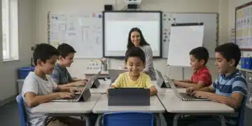 Students engaged with technology in a modern classroom, utilizing federal education technology grants.