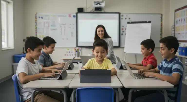 Students engaged with technology in a modern classroom, utilizing federal education technology grants.