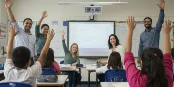 Teachers interacting with students in a modern classroom setting.