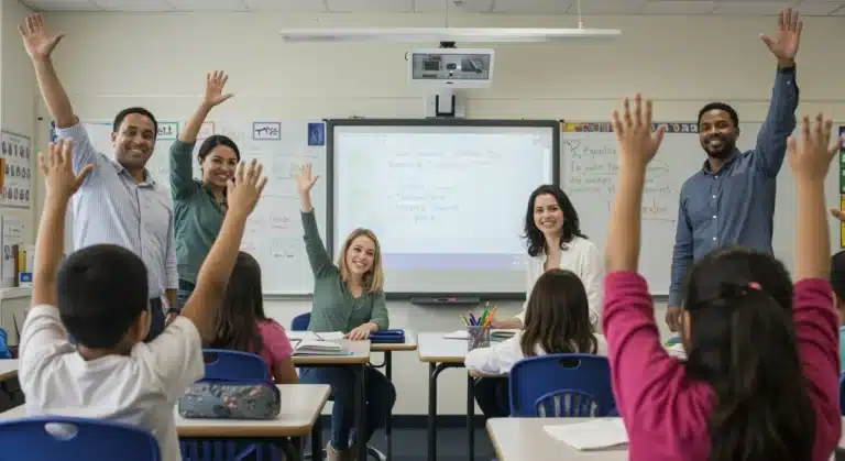 Teachers interacting with students in a modern classroom setting.