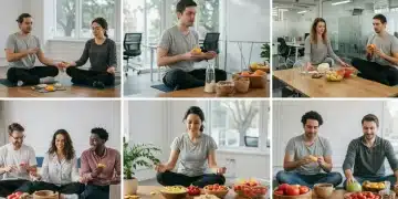 Employees participating in diverse wellness activities in a modern office