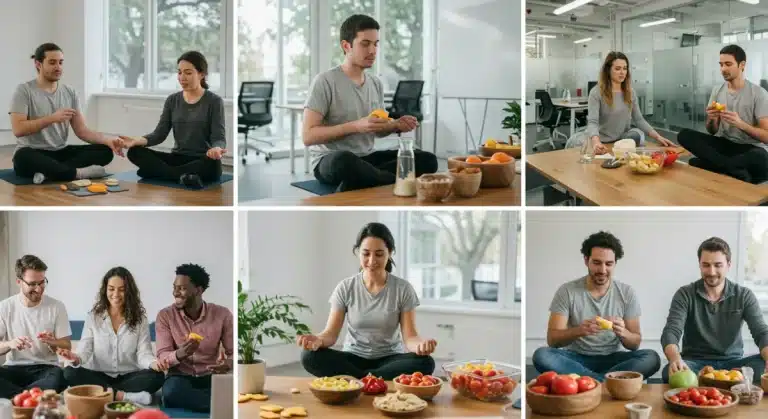 Employees participating in diverse wellness activities in a modern office