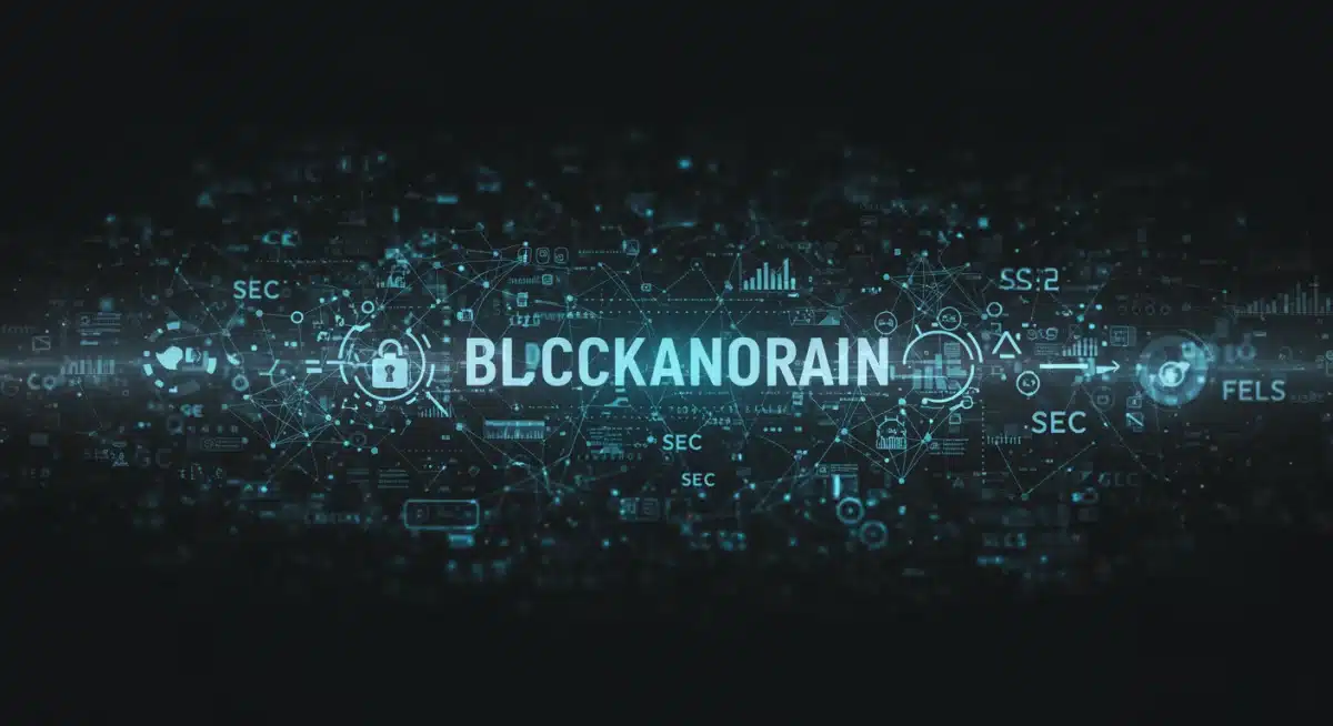 Visual representation of blockchain technology with network nodes and data flow, indicating security and regulatory oversight.