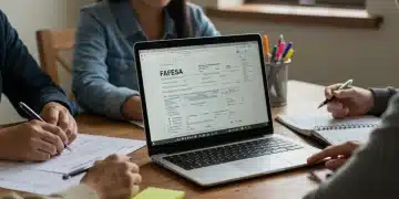 Family reviewing 2025 FAFSA changes on a laptop for college financial aid planning.