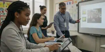 Students and teachers collaborating with technology in a modern classroom, representing K-12 curriculum adaptation.