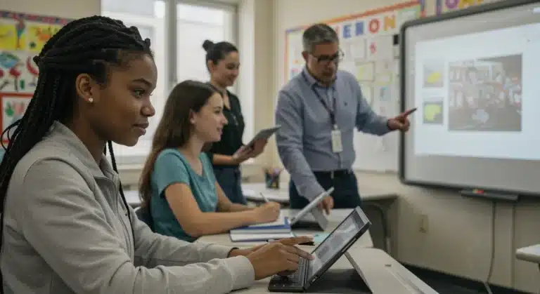 Students and teachers collaborating with technology in a modern classroom, representing K-12 curriculum adaptation.