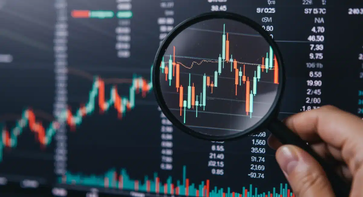Hand analyzing stock market data on a screen