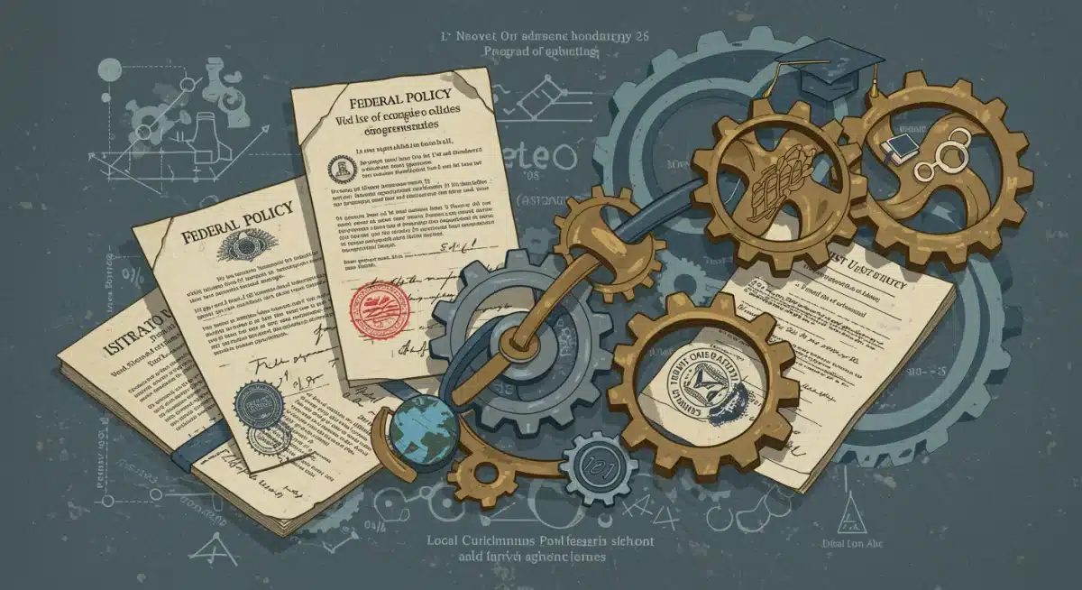 Interlocking gears and policy documents symbolizing the intricate relationship between federal education policy and local curriculum development.