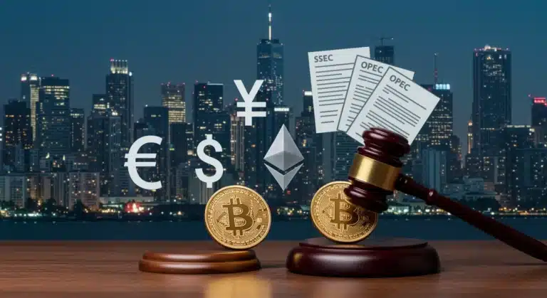 Illustration of cryptocurrency symbols, a legal gavel, and SEC documents representing new regulations.