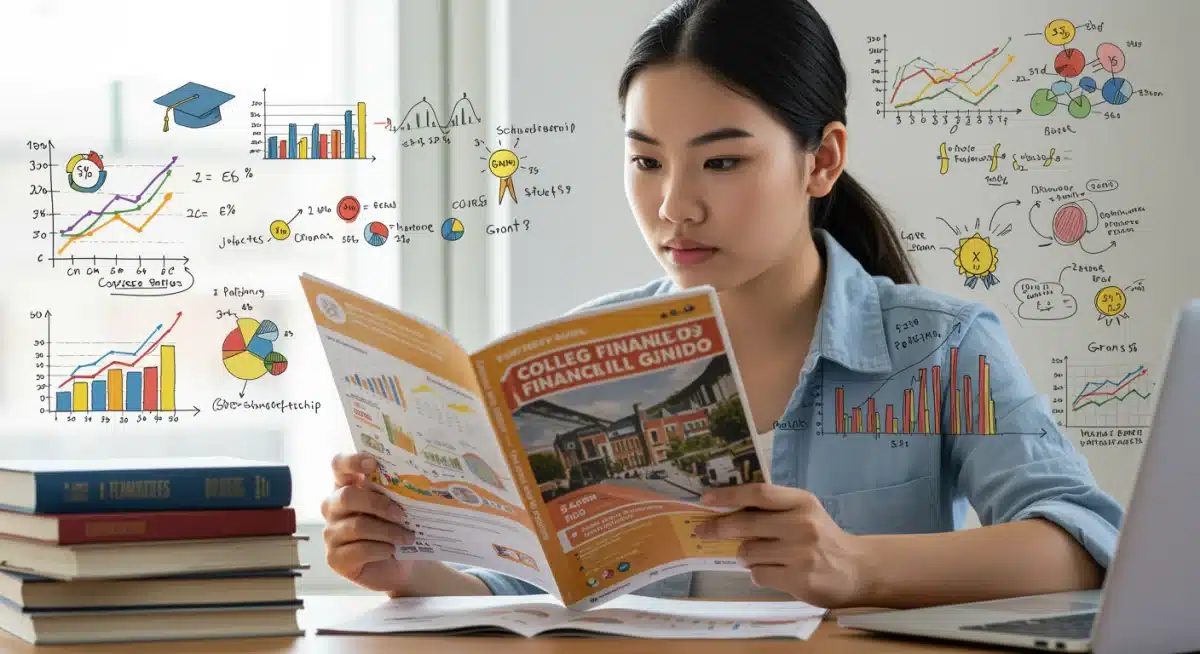 Student contemplating college finances amidst complex financial aid data.