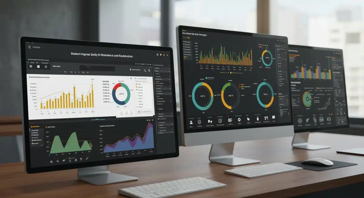 Data analytics dashboard showing student retention metrics and early warning signs.