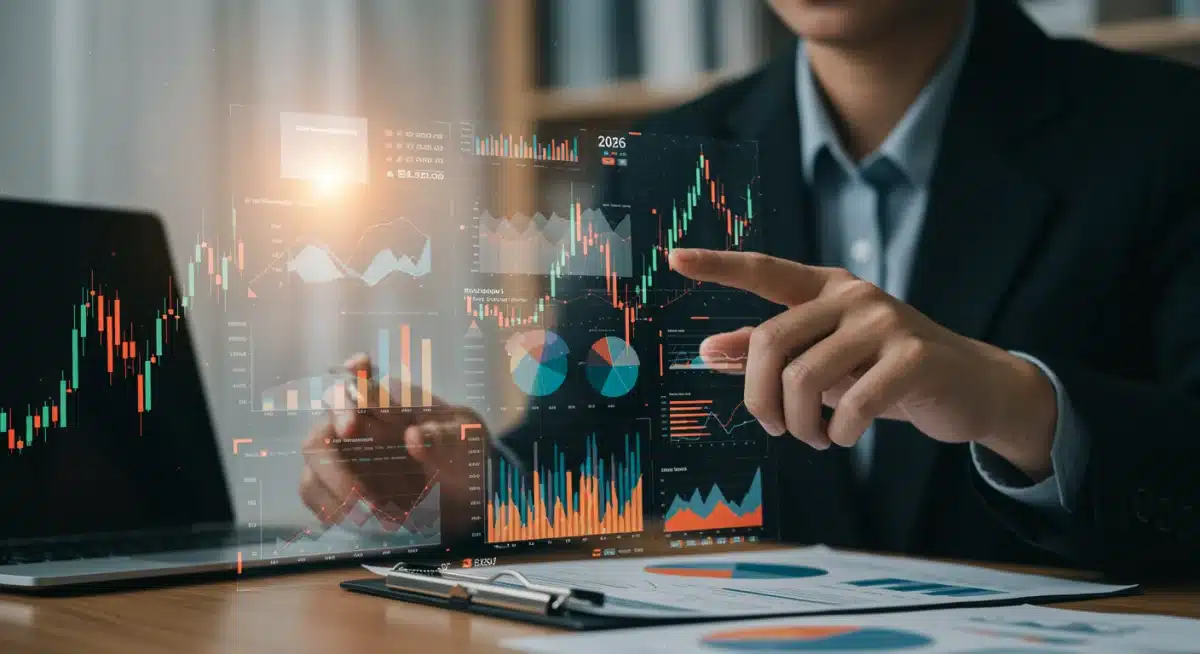 Financial analyst discussing market indicators and future projections with a client.