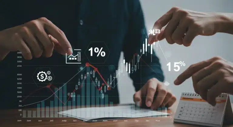 Investment portfolio chart showing 15% volatility in 2026 with strategic asset placement.