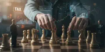 Investors strategizing over tax code changes with chess pieces and financial charts