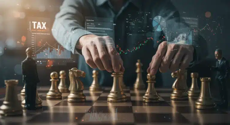 Investors strategizing over tax code changes with chess pieces and financial charts