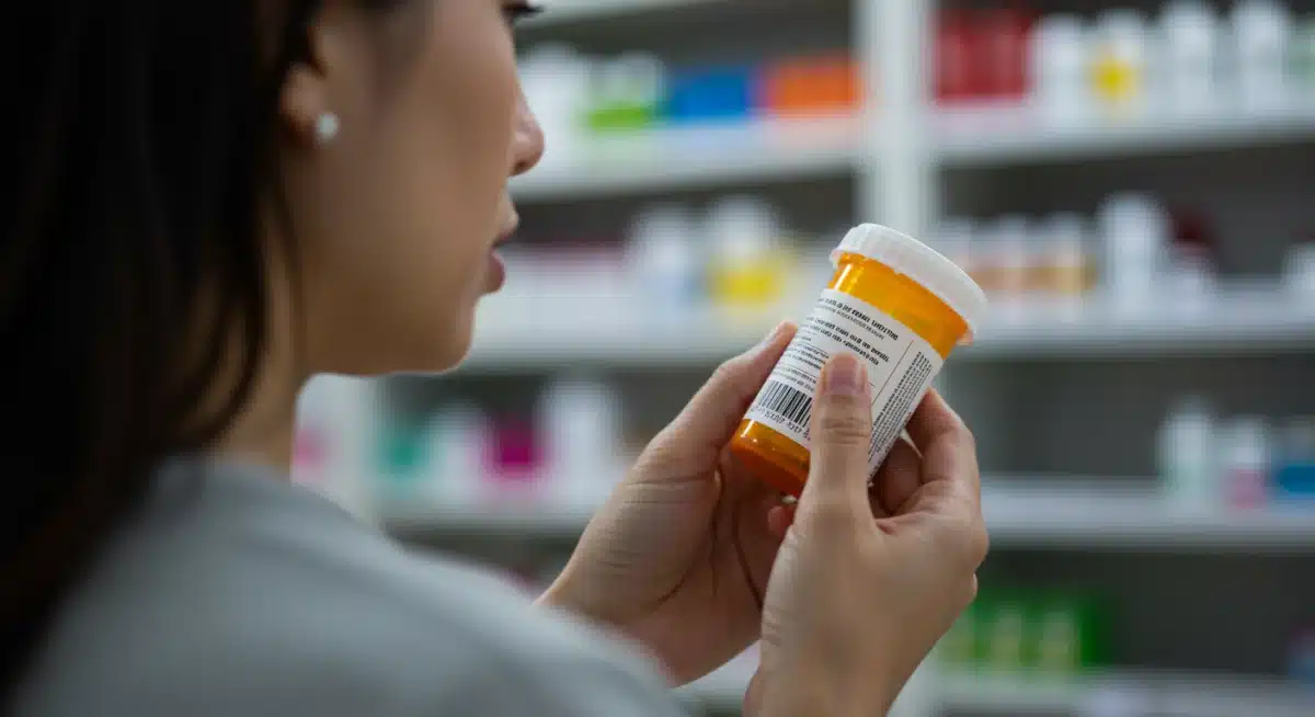 Patient checking prescription bottle for recall information