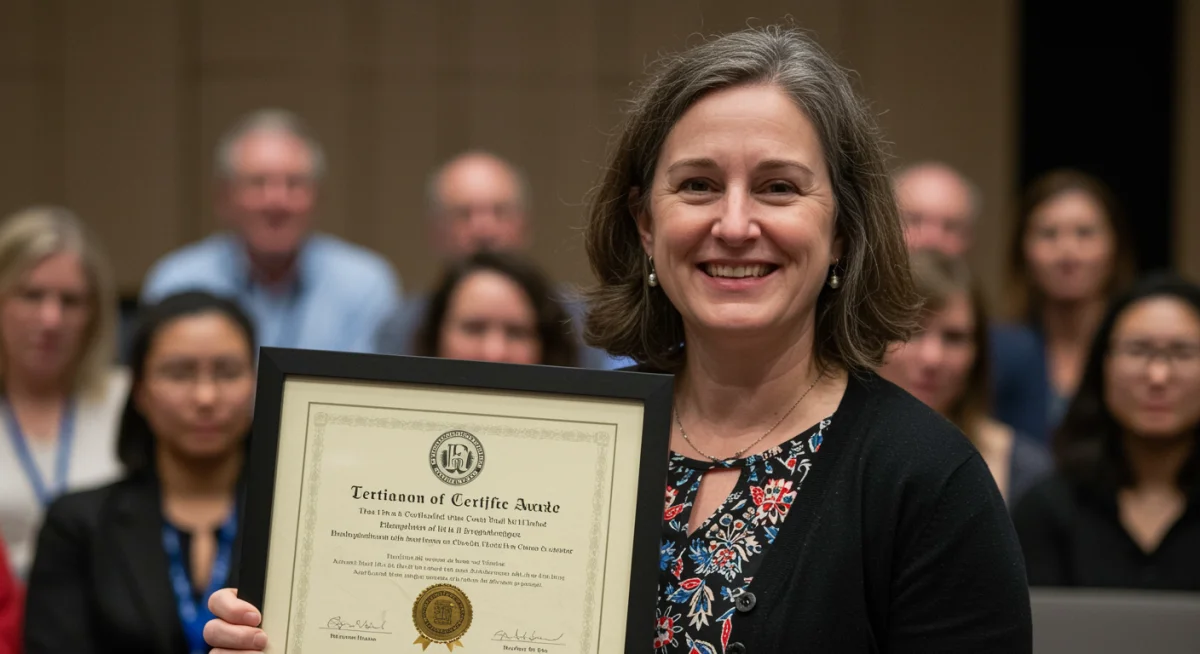 Teacher proudly receiving national certification award