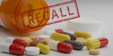 Urgent pharmaceutical recall notice with scattered pills