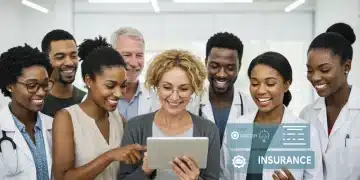 Diverse group reviewing health insurance options on a tablet for ACA Open Enrollment.