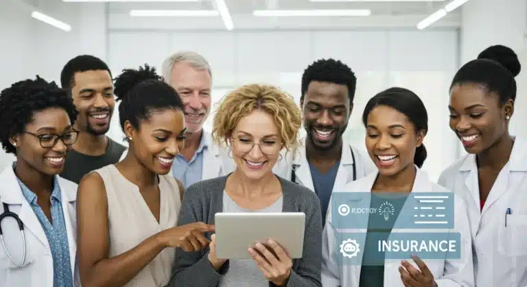 Diverse group reviewing health insurance options on a tablet for ACA Open Enrollment.
