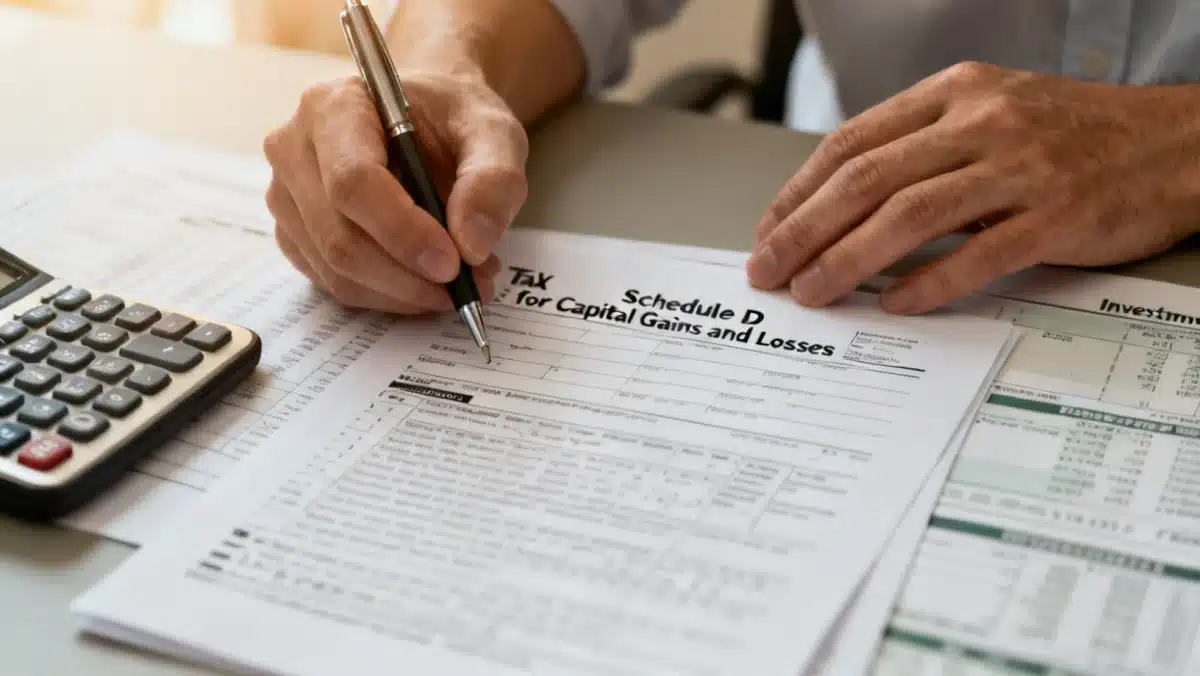 Investor meticulously calculating capital gains and losses on tax forms.