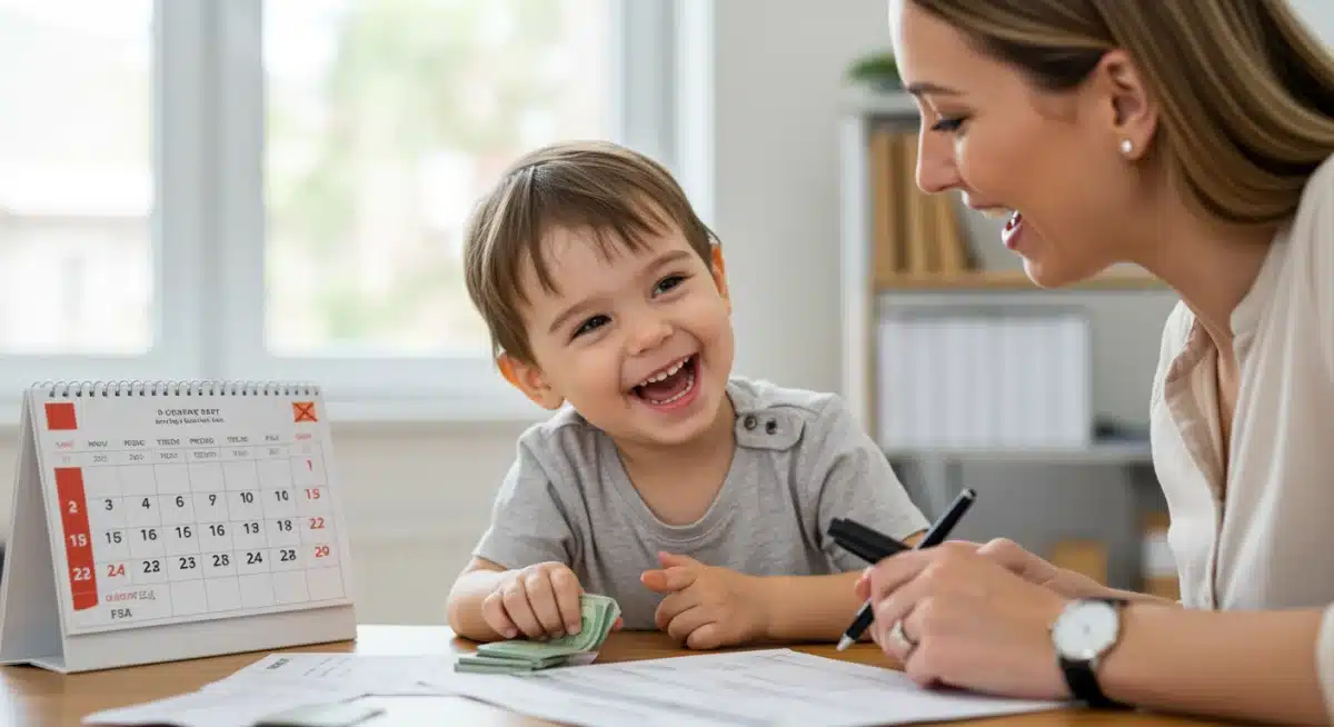 Parent and child with financial documents, symbolizing Dependent Care FSA benefits