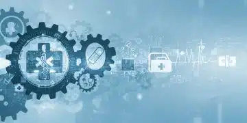 Complex gears and medical symbols representing 2025 FDA regulatory changes impact on device innovation.