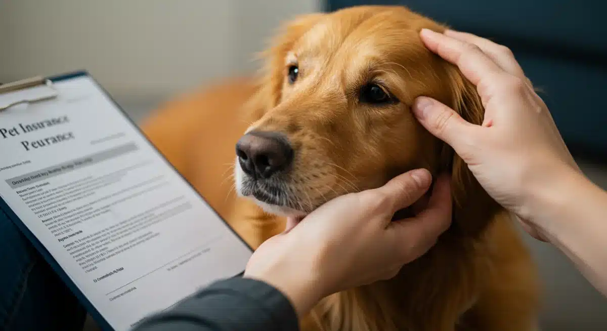 Person petting a dog with pet insurance documents nearby, symbolizing pet care planning.