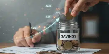 Hand adding coin to savings jar, high APY displayed