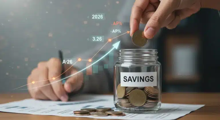 Hand adding coin to savings jar, high APY displayed