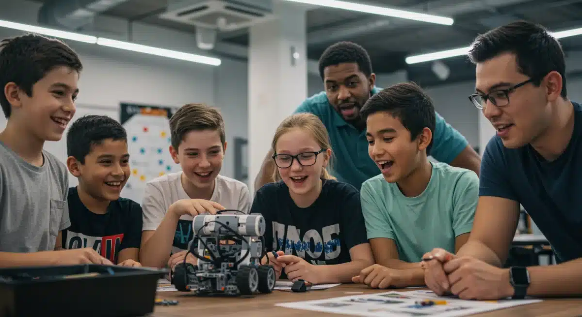 Young students collaboratively building and programming robots in a modern classroom setting.