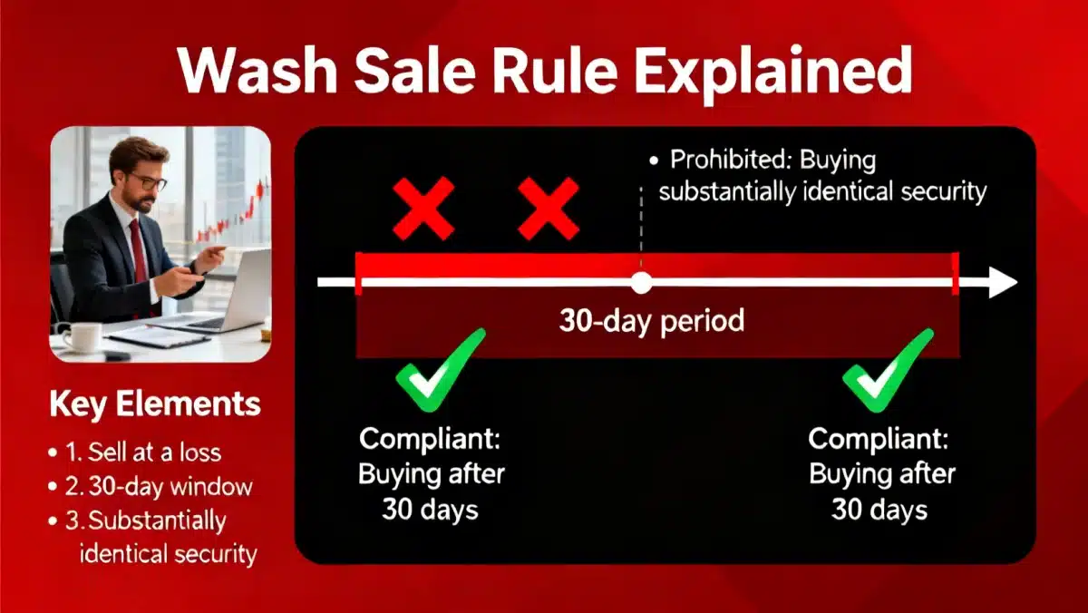 Infographic explaining the wash sale rule for tax-loss harvesting.