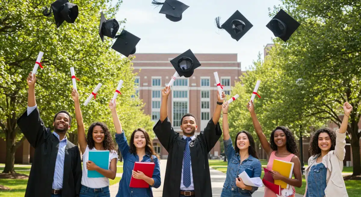 Diverse college students celebrating graduation on campus