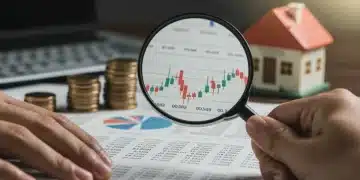 Magnifying glass over interest rate charts, house model, and coins, symbolizing Fed rate hike impact on mortgages.