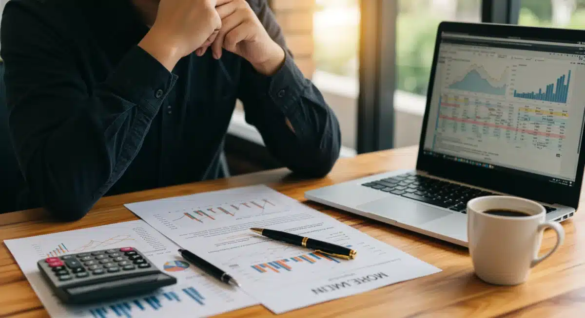 Person reviewing financial documents and budget spreadsheet on laptop, planning for interest rate changes.