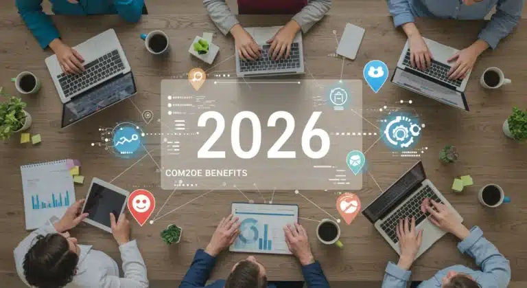 Diverse remote workers collaborating digitally, illustrating modern workplace flexibility and benefits.